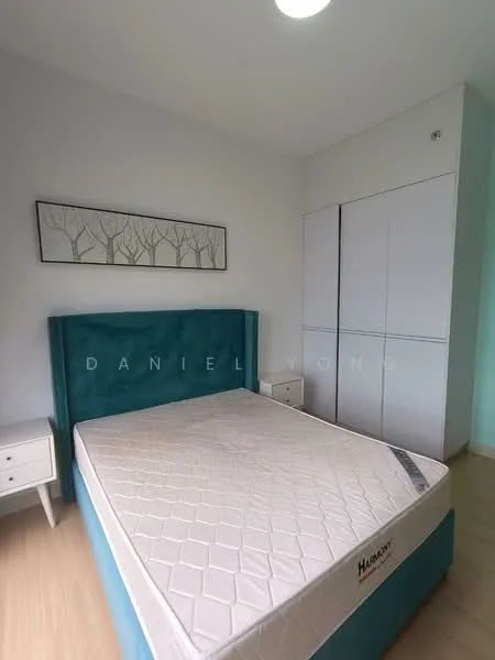 Bedroom features: queen-size bed with teal upholstered headboard, white mattress, light wood flooring, built-in wardrobe with sliding doors, white bedside tables, framed artwork on wall, ceiling light fixture; style: modern.