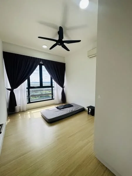 Bedroom features: wooden flooring, white painted walls, 5-blade ceiling fan with light, floor-to-ceiling windows, sheer curtains, blackout curtains, single mattress on the floor, small bedside table, air conditioning unit; style: modern; view: city.
