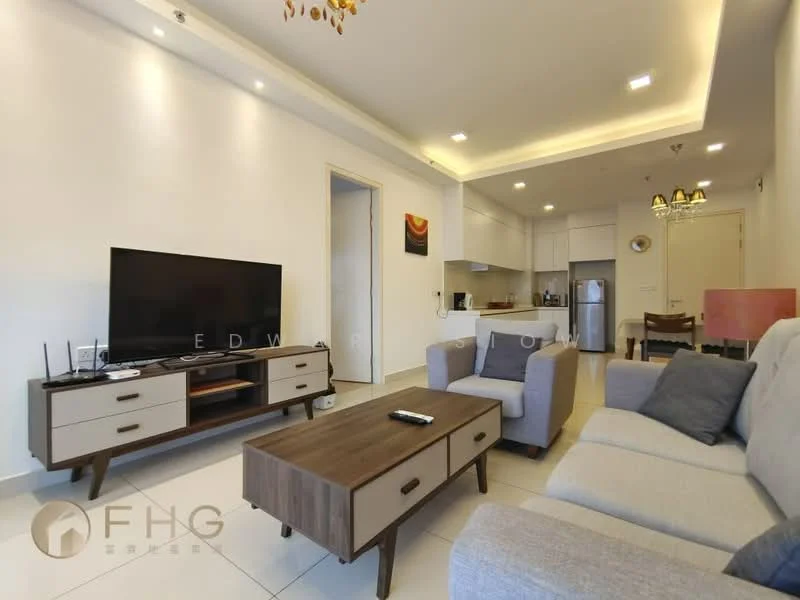 Living features: light grey fabric sofa, wood coffee table, TV console with drawers, wall-mounted flat-screen TV, recessed ceiling lights, white painted walls, tile flooring, open layout to kitchen, decorative wall art, dining table with chairs in background; style: modern.