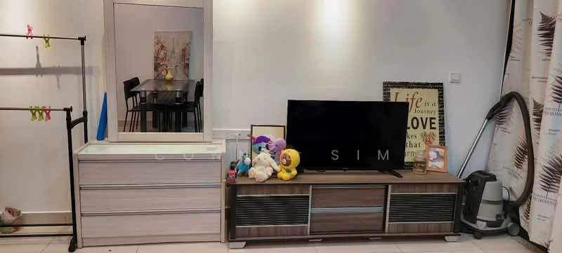 Living features: light grey walls, white ceiling, floor tiles, TV console with drawers, black flat-screen TV, decorative wall art, framed artwork, decorative mirror, vacuum cleaner, stuffed toys, dining table in background, black dining chairs; style: modern.