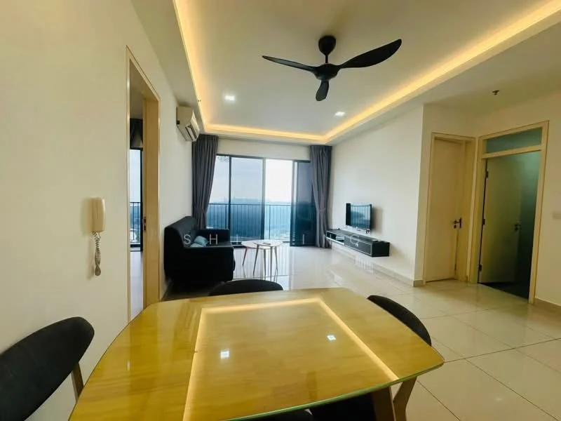 Living features: floor-to-ceiling windows, black sofa, wall-mounted TV, TV console, dining table with chairs, recessed LED downlights, ceiling fan, grey curtains, white walls, glossy tile flooring; style: modern; view: city.