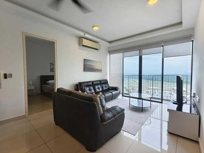 Living features: 3-seater leather sofa in black, coffee table, TV console, wall-mounted TV, floor-to-ceiling windows, city view, recessed downlights, 1 wall-mounted split AC, area rug, decorative cushion, light-coloured walls, tile flooring; style: modern; view: city. Room features: doorway leading to bedroom, light-coloured walls, tile flooring.