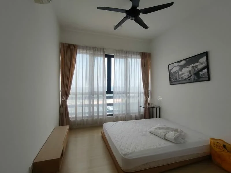 Bedroom features: queen-size bed, white bedding, wooden bedside table, floor-to-ceiling windows, sheer curtains, brown curtain drapes, light wood flooring, ceiling fan with 5 blades, framed artwork on wall, minimalist decor; style: modern; view: city.