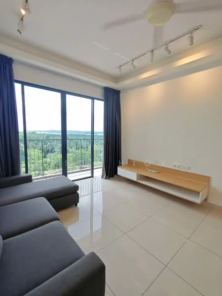 Living features: grey fabric sectional sofa, floor-to-ceiling windows, sliding glass door, white wall-mounted TV console, recessed LED downlights, cream painted walls, tile flooring, curtains, ceiling fan; style: modern; view: garden.