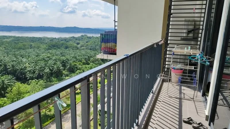 Room features: balcony, metal railing, tiled flooring, outdoor view, clothes drying rack, potted plants, colorful privacy screen, sunlight casting shadows; view: garden.