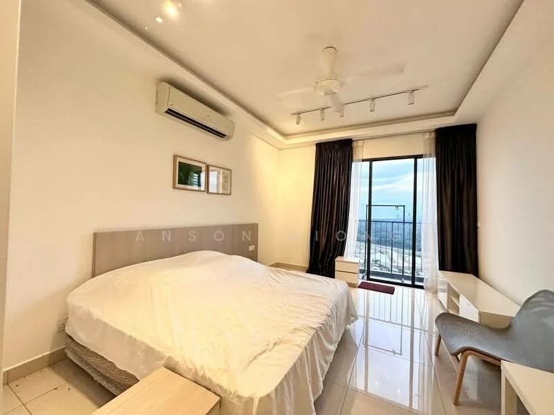Bedroom features: queen-size bed with white bedding, 2 bedside tables, wall-mounted air conditioning unit, 5-blade ceiling fan with light, floor-to-ceiling windows, blackout curtains, white painted walls, glossy tile flooring, view of the city skyline; style: modern; view: city.