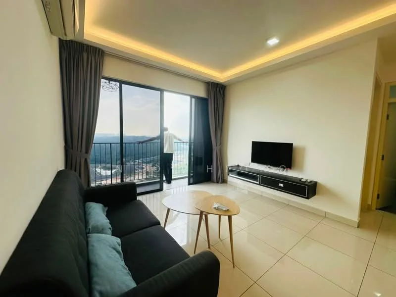 Living features: black fabric sofa, light wood coffee table, wall-mounted TV, TV console in black, floor-to-ceiling windows, curtains in grey, recessed LED downlights, white painted walls, glossy tile flooring; style: modern; view: city.