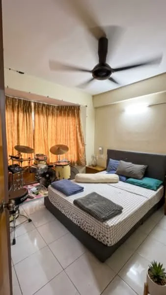 Bedroom features: queen-size bed, upholstered headboard, 2 bedside pillows, grey bedspread, white fitted sheet, ceiling fan, floor-to-ceiling windows, curtains with floral pattern, drum set, wooden bedside table, decorative plant, white tiled flooring; style: modern.