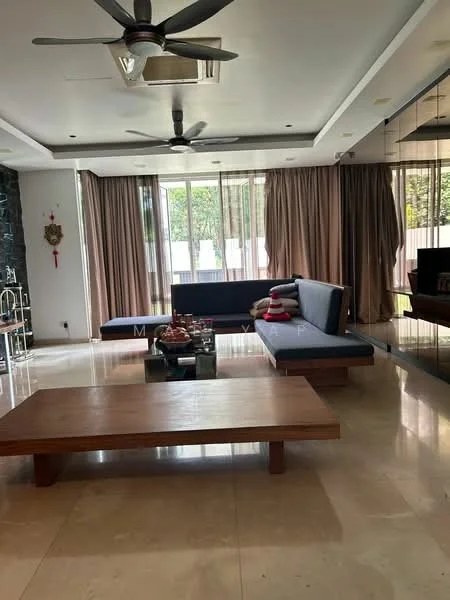 Living features: 2-seater fabric sofa in navy blue, 3-seater fabric sofa in grey, wooden coffee table, marble flooring, ceiling with recessed lighting, 2 ceiling fans, floor-to-ceiling windows, sheer curtains, dark stone accent wall, decorative wall art; style: modern; view: garden.