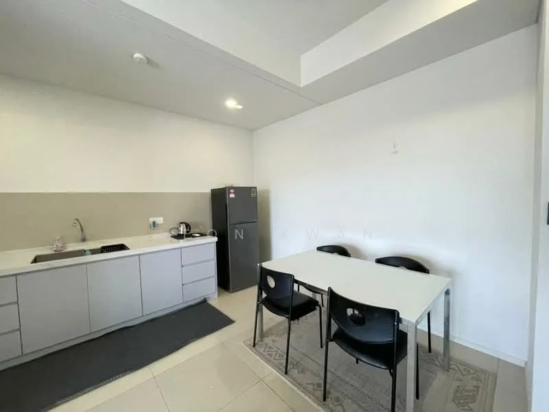 Kitchen features: grey cabinetry, white countertop, single-bowl stainless-steel sink, chrome pull-down faucet, built-in fridge, ceramic tile flooring, white painted walls, recessed downlights, dining table with 4 black chairs, kettle on countertop, area rug under dining table; style: modern.