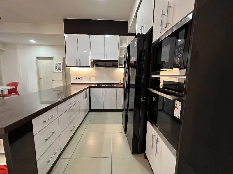 Kitchen features: white shaker cabinets, black countertop, stainless-steel sink, chrome pull-down faucet, built-in oven, freestanding range oven, stainless-steel side-by-side fridge, microwave, ceramic tile flooring, recessed downlights, wall-mounted cabinets, open shelving, kitchen island, modern design; style: modern.