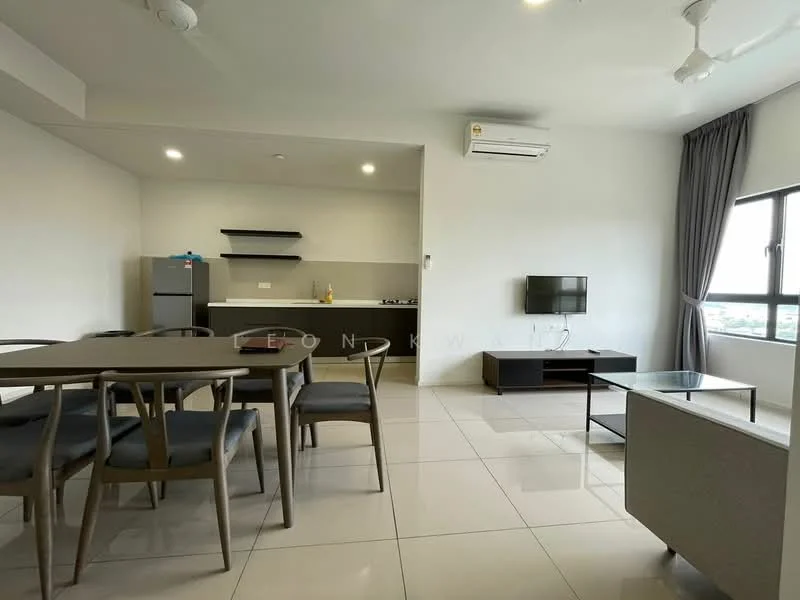 Living features: white painted walls, glossy tile flooring, 5-blade ceiling fan with light, wall-mounted TV, TV console, sofa, coffee table, large window with city view, curtains, air conditioning unit; style: modern; view: city. Dining features: 6-seater dining table, grey upholstered dining chairs, open layout, near kitchen area; style: modern. Kitchen features: kitchen cabinets, stainless-steel fridge, built-in stove, countertop, sink, open layout to living area; style: modern.