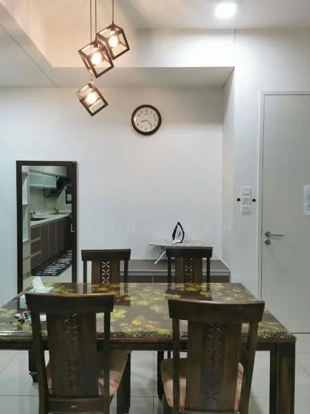 Dining features: wooden dining table, four wooden dining chairs, pendant lighting with geometric design, wall clock, white painted walls, tile flooring, iron on table, kitchen visible in background; style: modern.
