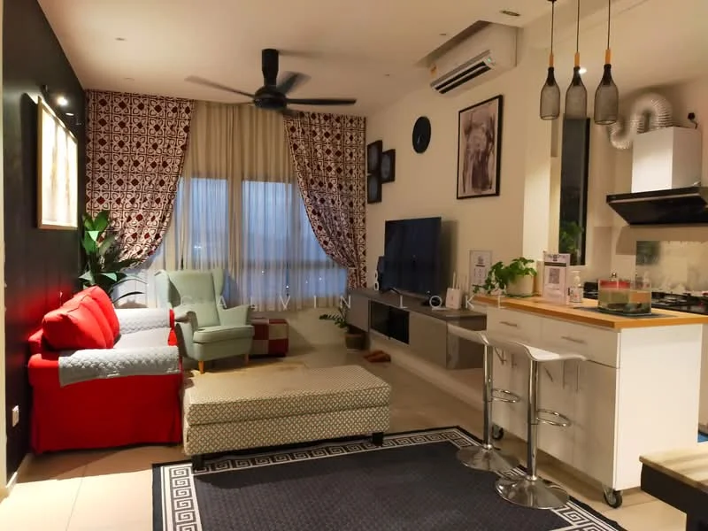 Living features: 3-seater red fabric sofa, 2-seater green armchair, coffee table with patterned upholstery, TV console with wall-mounted TV, area rug with geometric pattern, ceiling fan with light, recessed downlights, floor-to-ceiling windows with sheer curtains, decorative wall art, greenery in pots, open kitchen with breakfast bar, stainless-steel range hood, built-in oven, white cabinetry; style: modern.