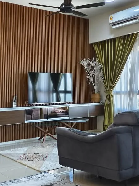 Living features: wood panel accent wall, flat-screen TV on wall-mounted console, grey leather sofa, area rug with intricate pattern, ceiling fan, wall-mounted air conditioning unit, green velvet curtains, decorative plant in vase, coffee table with wooden legs, white tiled flooring; style: modern.
