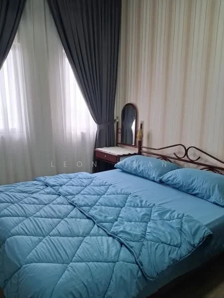 Bedroom features: queen-size bed with blue bedding, wooden bed frame, light-colored striped wallpaper, dark grey curtains, floor-to-ceiling windows, wooden bedside table, framed mirror on the table, decorative bottle on the table.