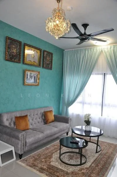 Living features: grey tufted fabric sofa, two orange decorative cushions, glass coffee table with black metal frame, area rug with intricate pattern, chandelier with crystal accents, 5-blade ceiling fan, teal accent wall, white sheer curtains, framed artwork on wall; style: modern.