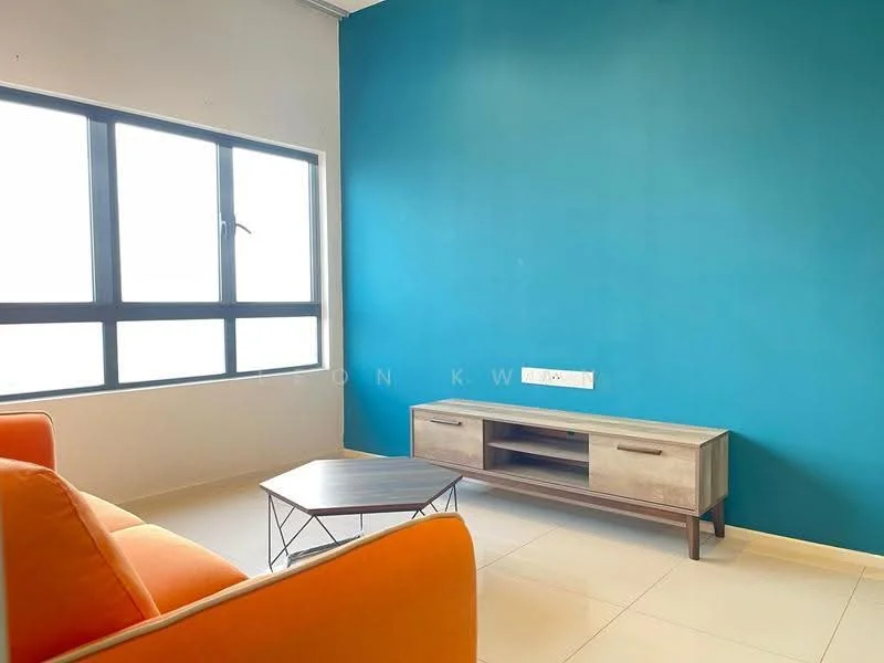 Living features: orange fabric sofa, wooden coffee table with metal legs, light-colored TV console, floor-to-ceiling windows, white walls, blue accent wall, ceramic tile flooring; style: modern; view: city.