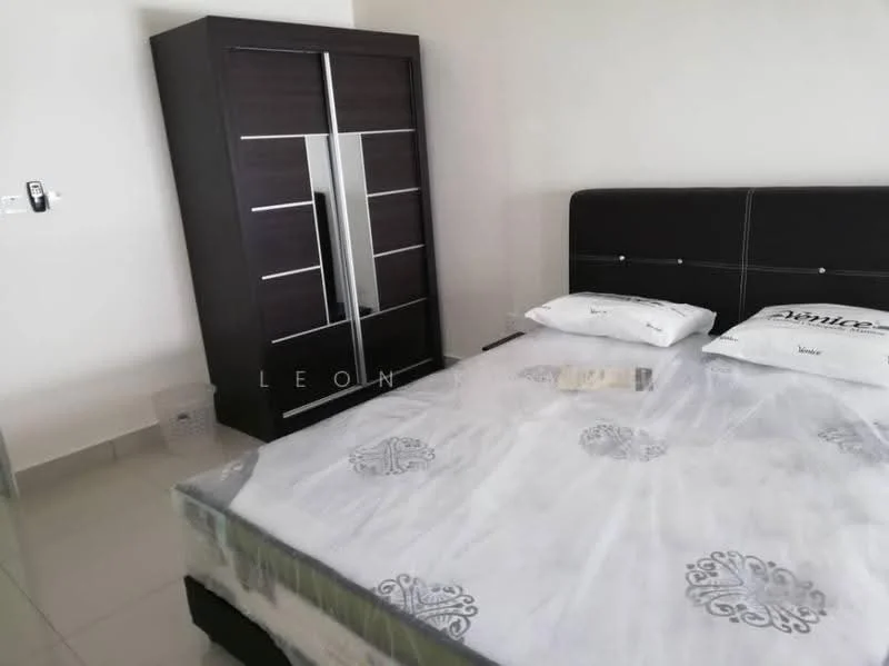 Bedroom features: queen-size bed with black upholstered headboard, white bedding with decorative pillows, black wardrobe with mirrored doors, white walls, glossy tile flooring, window with natural light, nightstand beside bed, decorative wall art; style: modern.