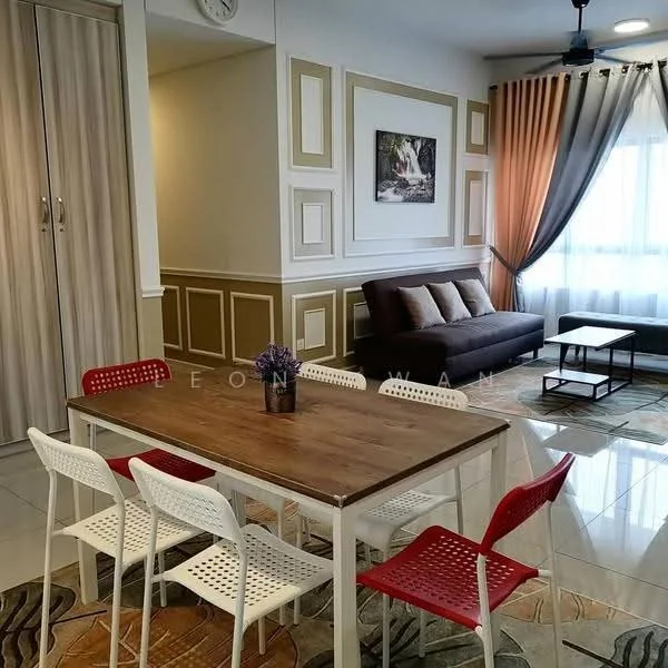 Dining features: wood dining table, 6 white and red plastic chairs, decorative vase with flowers on table, cream tiled flooring, wall with decorative paneling, framed artwork on wall, curtains with orange and white stripes, sofa in grey fabric, floor-to-ceiling window, light fixture on ceiling, wall-mounted air conditioning unit, neutral wall color with accent panels; style: modern.
