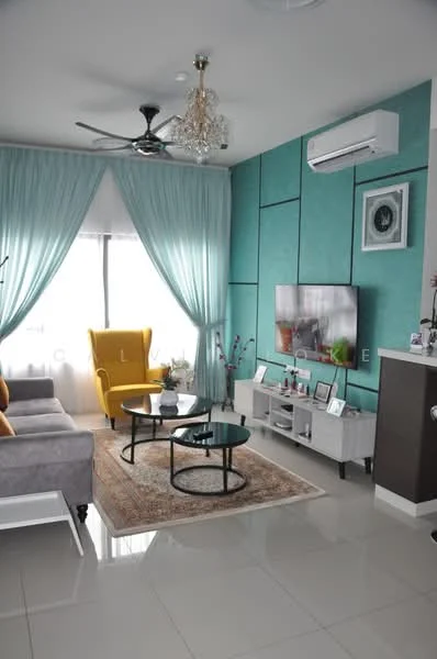 Living features: grey fabric sofa, yellow accent chair, black coffee table, white TV console, wall-mounted TV, chandelier, 5-blade ceiling fan with light, light blue curtains, decorative wall with teal panels, area rug with intricate pattern, decorative plants, framed artwork; style: modern.