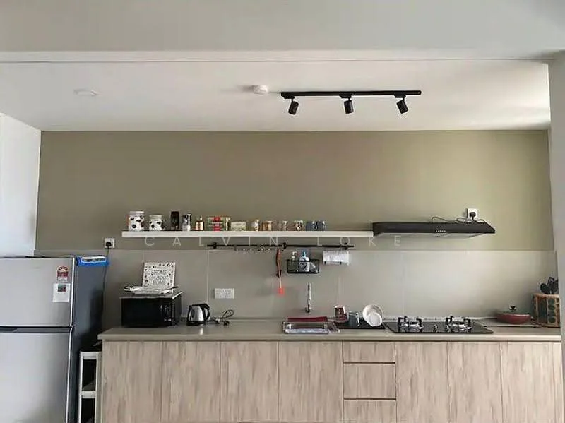 Kitchen features: light wood cabinetry, grey countertop, stainless-steel fridge, built-in gas hob, black range hood, microwave, kettle, open shelving, wall-mounted lighting, white tiled backsplash, sink with faucet; style: modern.