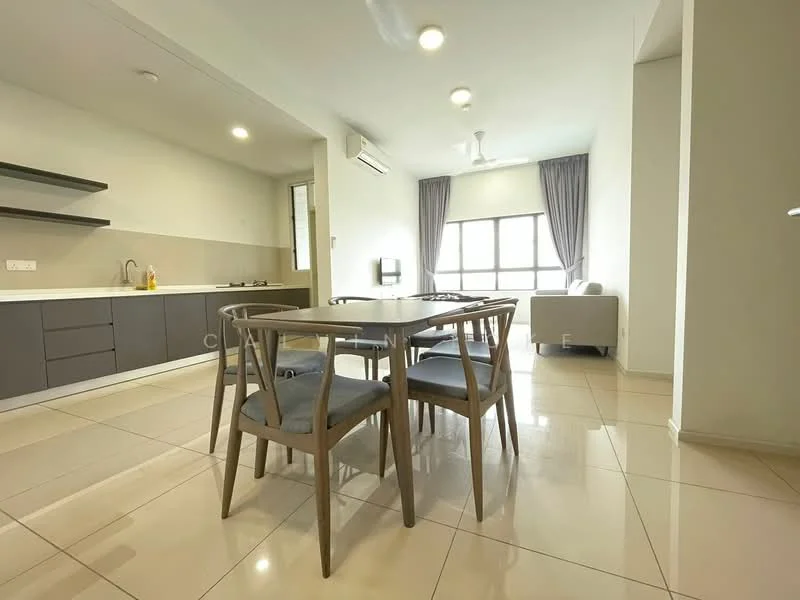 Dining features: 6-seater dining table, wooden dining chairs, white walls, recessed downlights, floor-to-ceiling windows, grey cabinetry, ceramic tile flooring, air conditioning unit, curtains, open layout to kitchen and living area; style: modern. Kitchen features: white cabinetry, stainless-steel sink, built-in stove, countertop, open layout to dining area; style: modern. Living features: sofa, floor-to-ceiling windows, curtains, air conditioning unit, open layout to dining area; style: modern.