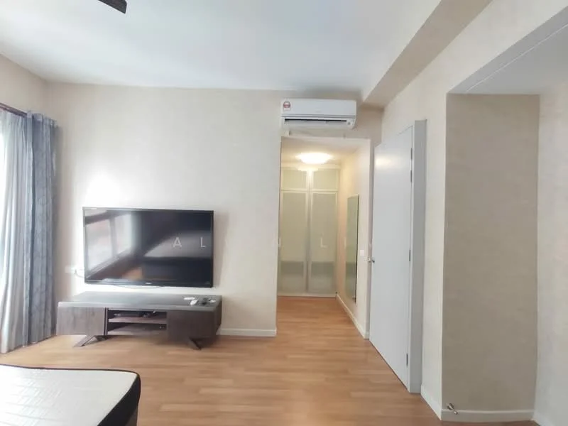 Room features: light wood laminate flooring, cream painted walls, wall-mounted flat-screen TV, TV console with storage, air conditioning unit, floor-to-ceiling windows with sheer curtains, doorway leading to another room, neutral-colored bedding on bed; style: modern.