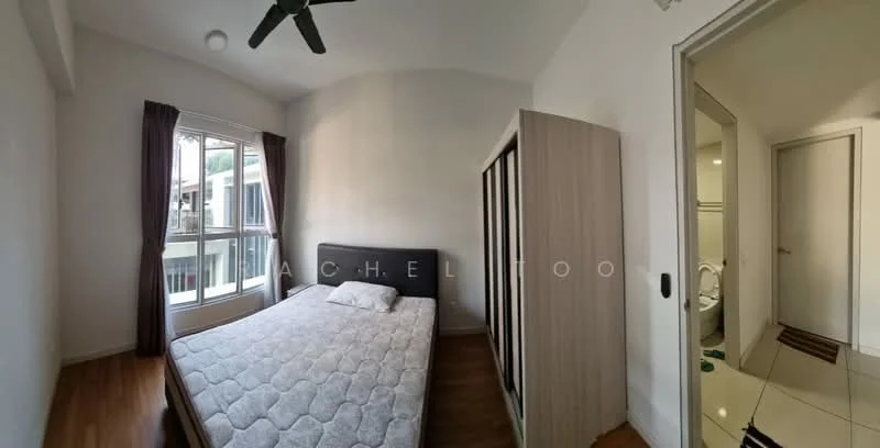Bedroom features: queen-size bed, upholstered headboard, floor-to-ceiling windows, curtains, wooden flooring, built-in wardrobe, ceiling fan, light fixture, neutral wall color; style: modern. Room features: white painted walls, tile flooring, doorway leading to bathroom, visible plumbing fixtures.