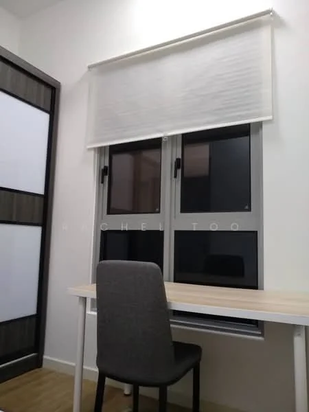 Room features: two-pane windows, roller blinds, wooden desk, grey upholstered chair, light wood flooring, white painted walls; style: modern.