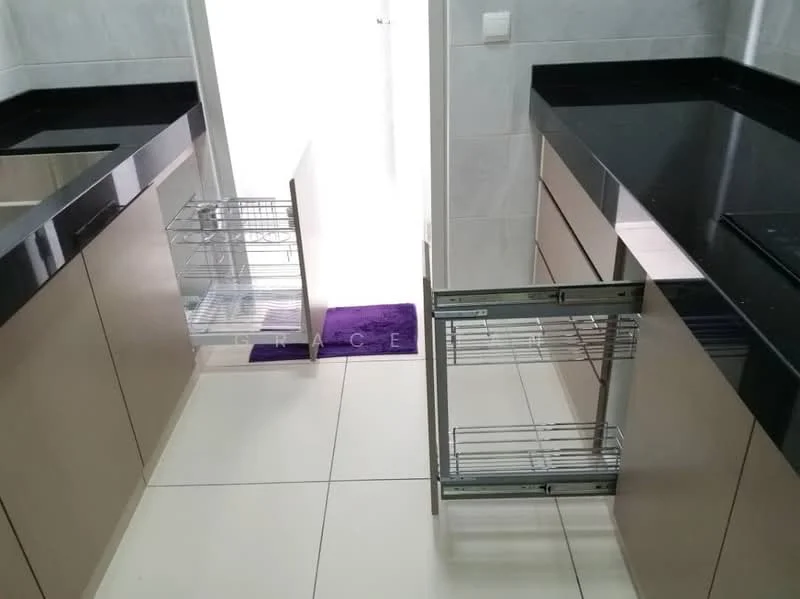 Kitchen features: black granite countertop, light beige cabinetry, pull-out wire storage racks, white tiled walls, white tiled flooring, single-bowl stainless-steel sink, modern faucet, natural light from doorway; style: modern.