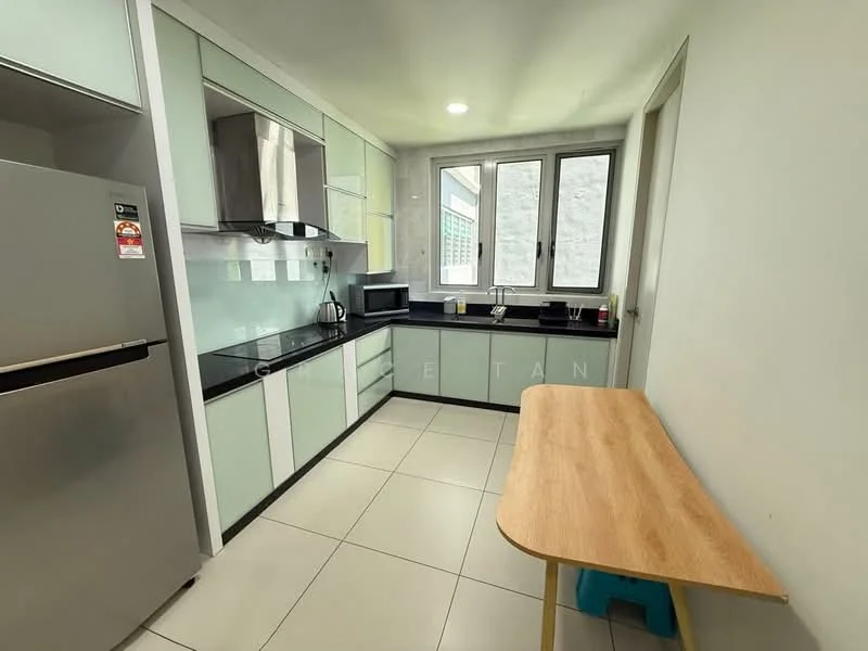 Kitchen features: light green cabinetry, black countertop, stainless-steel fridge, built-in oven, microwave, single-bowl stainless-steel sink, chrome pull-down faucet, tile flooring, window with natural light, wooden table, stool, wall-mounted cabinets, kitchen appliances; style: modern.