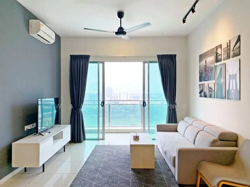 Living features: floor-to-ceiling windows, sliding glass door, grey accent wall, white painted walls, 5-blade ceiling fan with light, sofa in light grey fabric, coffee table, TV console, wall-mounted TV, area rug with geometric pattern, curtains in dark blue, decorative wall art; style: modern; view: city.