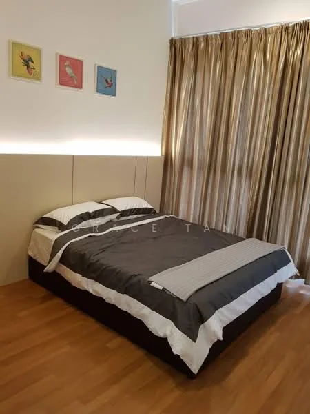Bedroom features: queen-size bed with black base, grey bedding with white accents, wooden flooring, floor-to-ceiling curtains in gold, wall-mounted artwork with colorful frames, backlit headboard, nightstand with lamp, decorative wall paneling; style: modern.