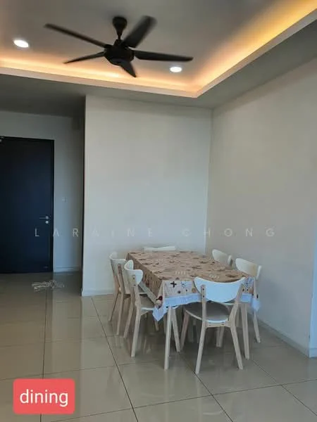 Dining features: 6-seater dining table, white dining chairs, tablecloth with pattern, tiled flooring, ceiling fan, recessed lighting, plain white walls, neutral color scheme; style: modern.
