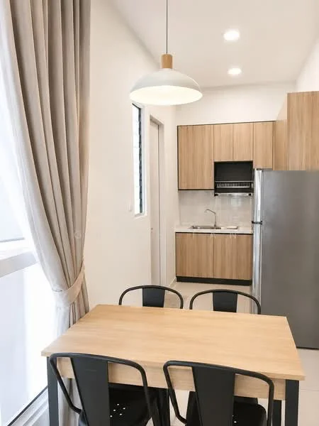 Kitchen features: light wood cabinetry, stainless-steel fridge, stainless-steel sink, chrome pull-down faucet, white tiled backsplash, grey countertop, built-in oven, 4-burner gas hob, pendant light, floor-to-ceiling window with sheer curtains, dining table with black metal legs, 4 black metal chairs; style: modern; view: city.