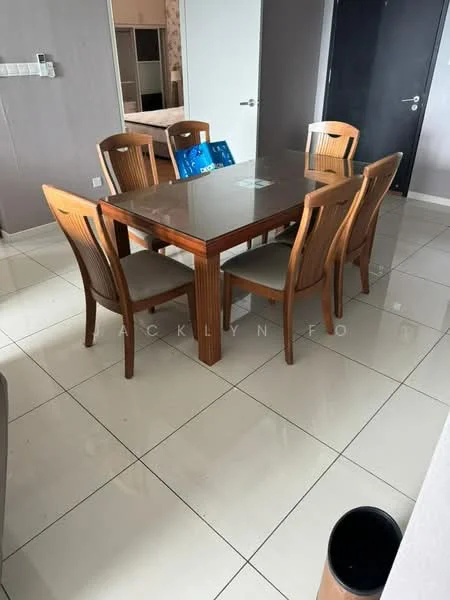 Dining features: wooden dining table with glass top, 6 wooden dining chairs, white tiled flooring, grey painted walls, recessed lighting, open space layout, nearby wall with shelves, doorway leading to another room; style: modern.