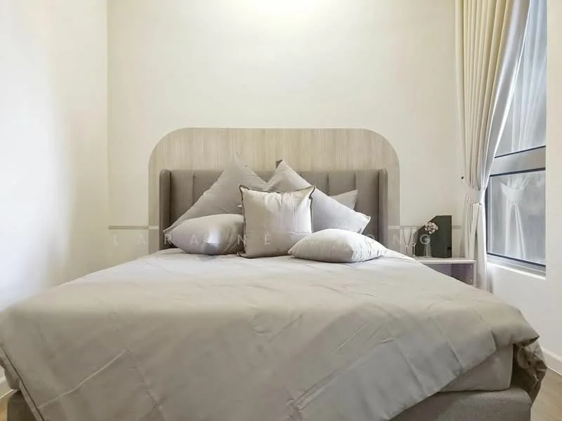 Bedroom features: king-size bed, upholstered headboard, decorative pillows, light grey bedding, nightstand, table lamp, floor-to-ceiling window, sheer curtains, white painted walls, wooden flooring; style: modern.