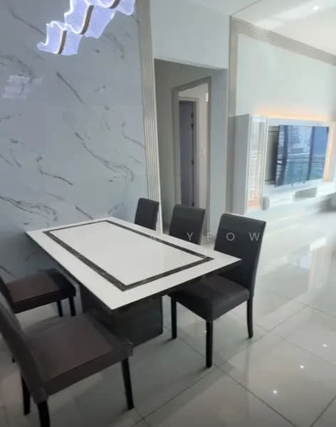 Dining features: white dining table with black trim, 4 black upholstered dining chairs, grey marble accent wall, glossy tile flooring, recessed lighting, wall-mounted TV, decorative wall paneling, large window with city view; style: modern; view: city.