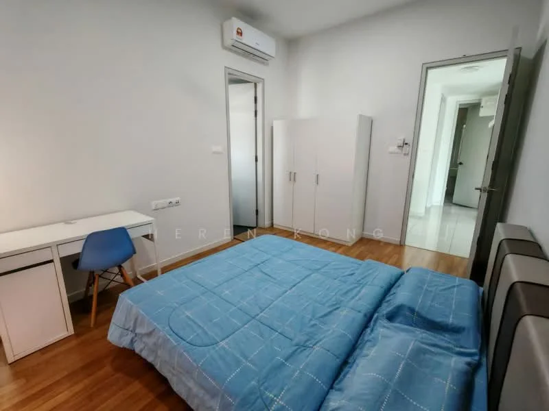 Bedroom features: queen-size bed with blue bedding, wooden flooring, white painted walls, air conditioning unit on wall, study desk with white surface, blue chair, built-in wardrobe with sliding doors, door leading to hallway; style: modern.