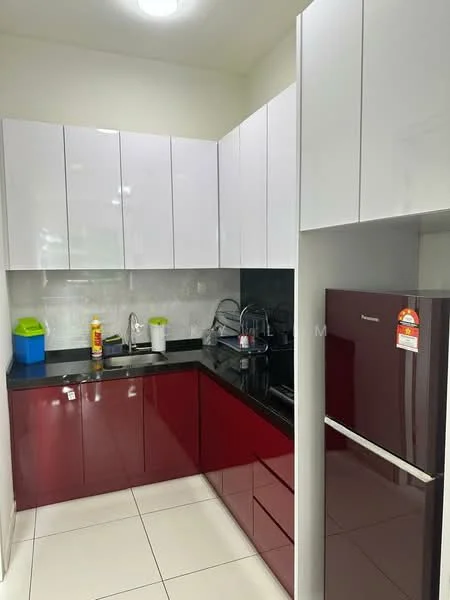 Kitchen features: red glossy lower cabinets, white high-gloss upper cabinets, black granite countertop, single-bowl stainless-steel sink, chrome pull-down faucet, built-in refrigerator, kitchen appliances visible, tile backsplash, white tiled flooring, overhead LED lighting; style: modern.