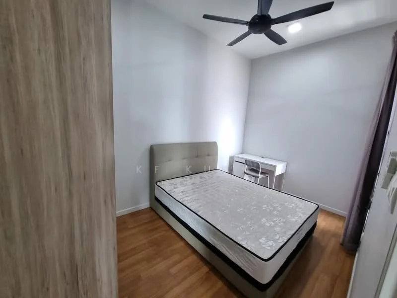 Bedroom features: queen-size bed, upholstered headboard, wooden flooring, ceiling fan, desk with chair, white walls, curtains, built-in wardrobe; style: modern.