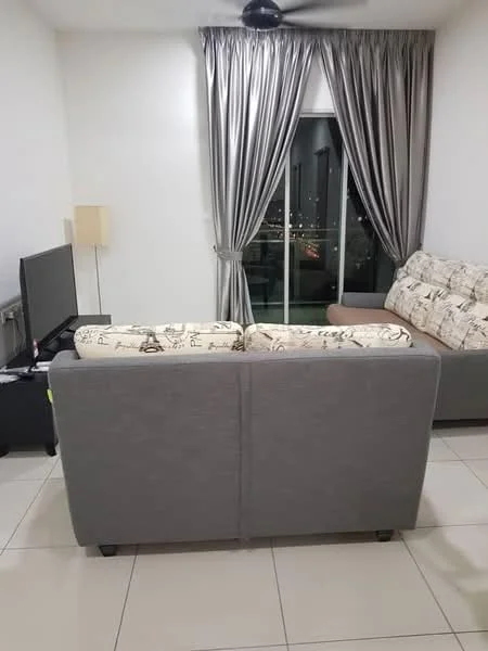 Living features: 2-seater fabric sofa in light grey, 3-seater fabric sofa with floral pattern, TV console, wall-mounted TV, floor-to-ceiling windows, sheer curtains, recessed downlights, ceiling fan, tile flooring, decorative wall art, lamp, balcony access; style: modern; view: city.