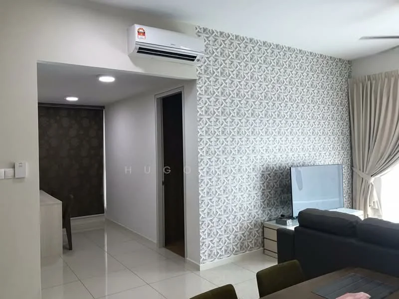 Living features: grey fabric sofa, coffee table, wall-mounted TV, decorative wall with geometric pattern, white painted walls, recessed LED downlights, 1 wall-mounted split AC, floor-to-ceiling windows with sheer curtains, tile flooring, area rug; style: modern. Room features: white painted walls, doorway leading to another room, tile flooring, recessed LED downlights.