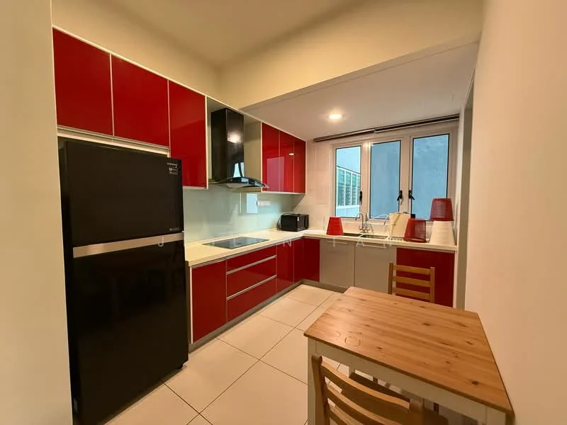 Kitchen features: red cabinetry, white countertop, black refrigerator, stainless-steel sink, chrome pull-down faucet, built-in oven, 4-burner gas hob, exhaust hood, tile flooring, window with view, wooden dining table, wooden chairs; style: modern.