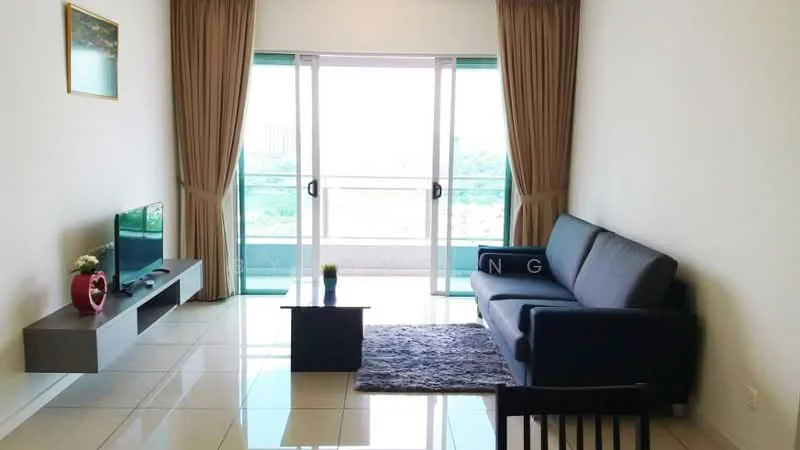 Living features: grey fabric sofa, coffee table, TV console, wall-mounted TV, area rug, floor-to-ceiling windows, curtains, ceramic tile flooring, decorative wall art, indoor plant; style: modern; view: city.