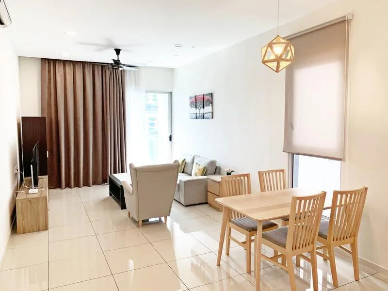 Living features: white painted walls, glossy tile flooring, 5-blade ceiling fan, sofa in light grey fabric, coffee table, TV console, wall-mounted TV, curtains in brown, decorative artwork on wall, dining table with 4 wooden chairs, large window with roller blinds; style: modern.