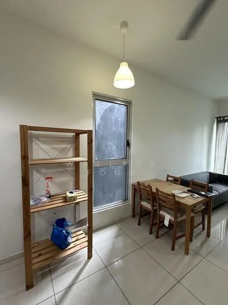 Dining features: white painted walls, glossy tile flooring, ceiling light pendant, wooden dining table, four wooden dining chairs, open shelving unit, window with sheer curtains, sofa in grey fabric; style: modern.