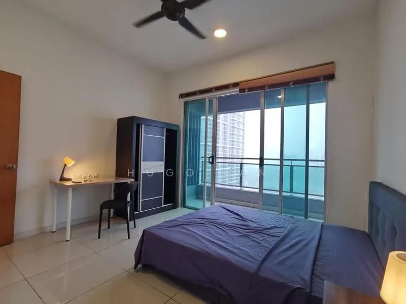 Bedroom features: king-size bed with blue bedding, upholstered headboard, 2 bedside lamps, study desk with chair, built-in wardrobe with sliding doors, floor-to-ceiling windows, sliding glass door to balcony, cream painted walls, white tiled flooring, ceiling fan; style: modern; view: city.