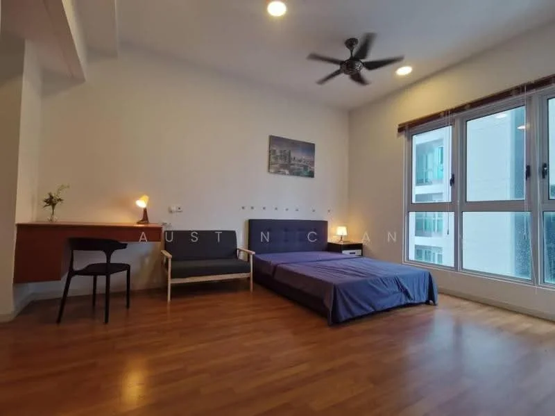 Bedroom features: wooden flooring, white painted walls, ceiling fan, large windows, desk with chair, bed frame with mattress, decorative artwork on wall, window treatments, side table with lamp; style: modern.